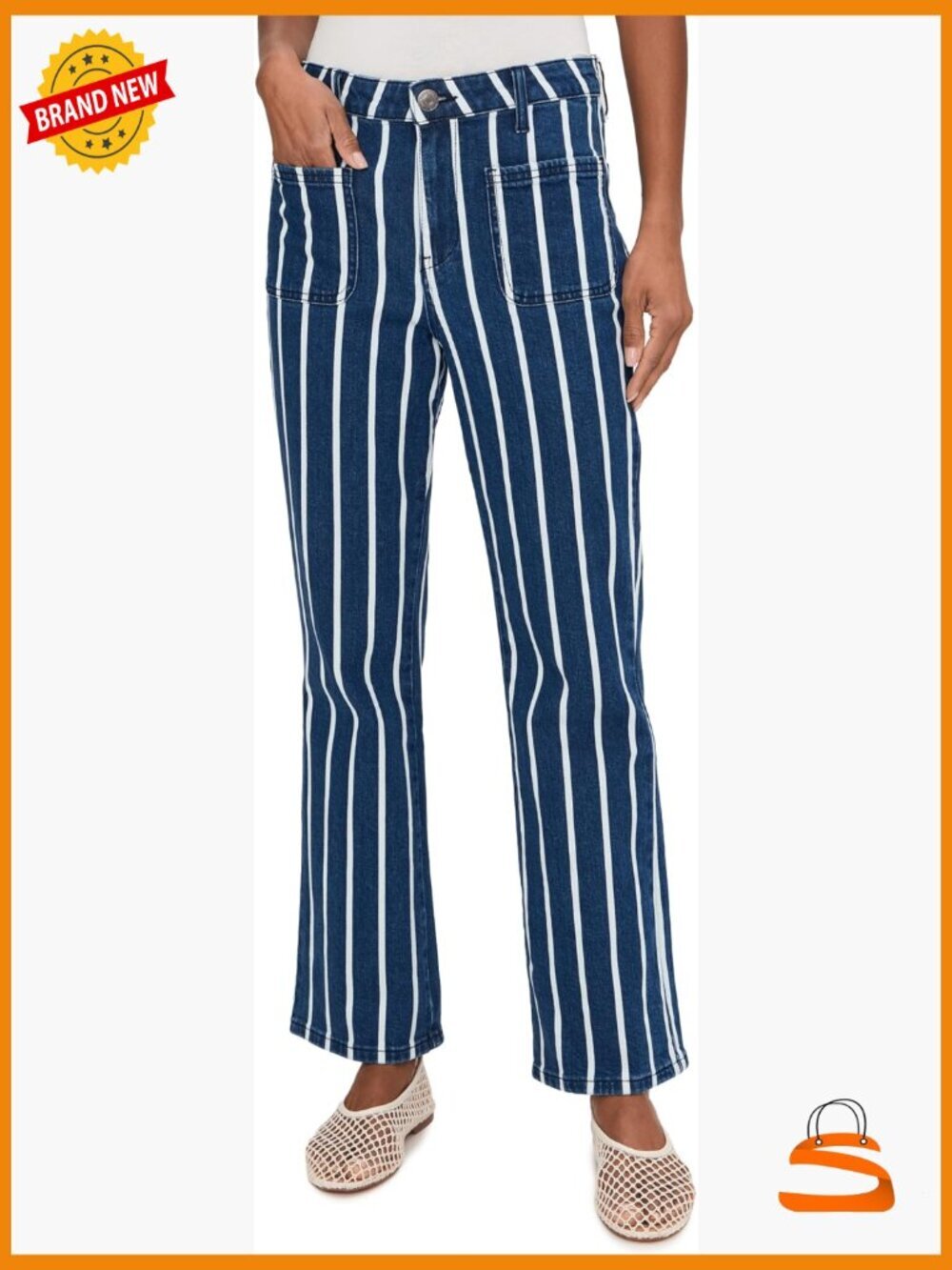 High-Rise Ankle Flare Jeans with Patch Pocket Stretch Cotton Blend